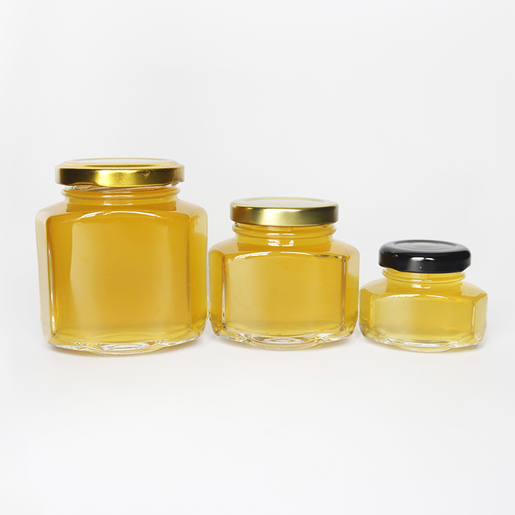 Oval Hexagonal Glass Honey Jar With Metal Lid, Honey Glass Container