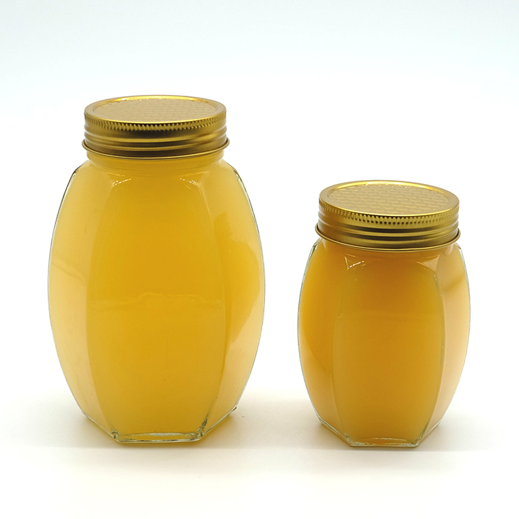 Food Grade 380ml 730ml Hexagonal Glass Honey Jar With D66 Screw Metal Cap