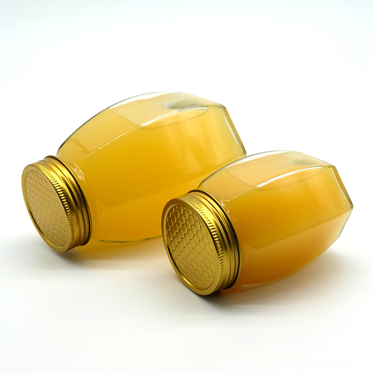 Food Grade 380ml 730ml Hexagonal Glass Honey Jar With D66 Screw Metal Cap
