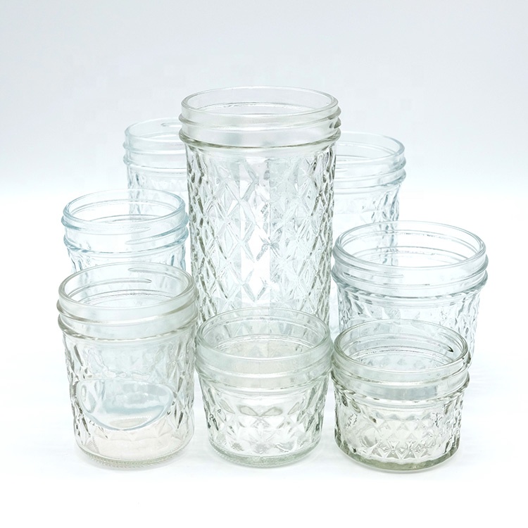 Transparent Quilted Mason Jar with 86mm Wide Mouth Screw Tin Lid