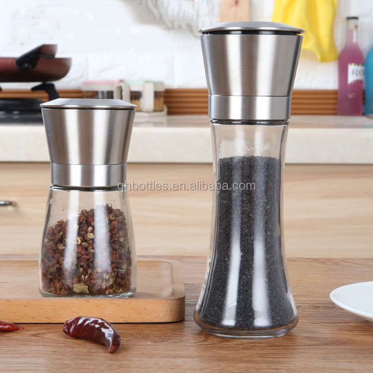 Various Size Glass Jar Bottle with Grinder Cap in Kitchen