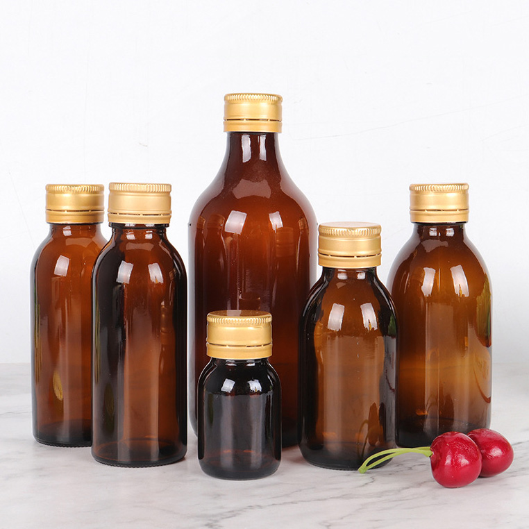 Amber Round Cough Syrup Pharmaceutical Glass Bottle With Aluminum Lid