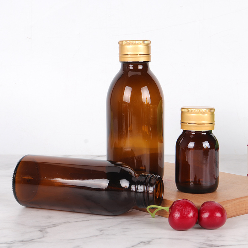 Amber Round Cough Syrup Pharmaceutical Glass Bottle With Aluminum Lid