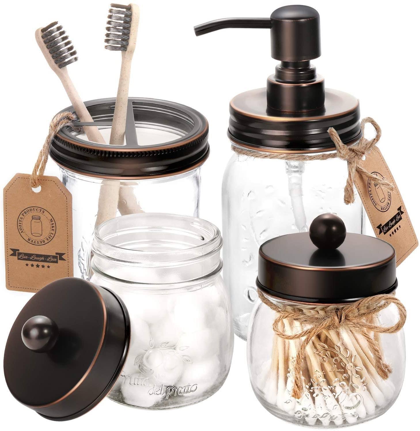 4 Pieces Rust Resistant Leakage Proof Matt Black Soap Dispenser Mason Jar Set