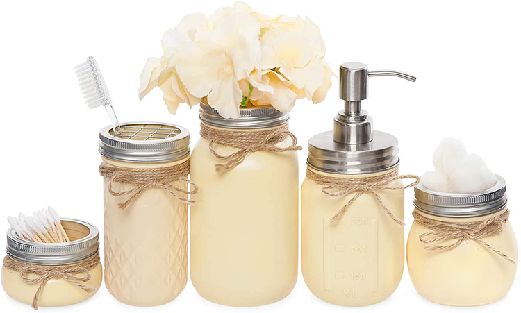 Mason Jar Bathroom Gift Set-Lotion/Soap Dispenser, Toothbrush Holder, Storage Jars