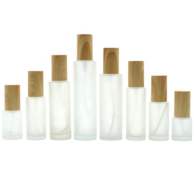 Frosted Glass Bottle with Pump and Wood Lid