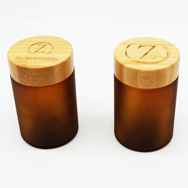 Custom Amber Straight Side Glass Jar with Wooden Lid